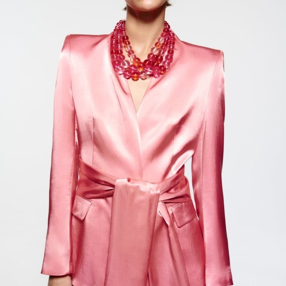 Zara pink belted satin effect blazer Large NWT